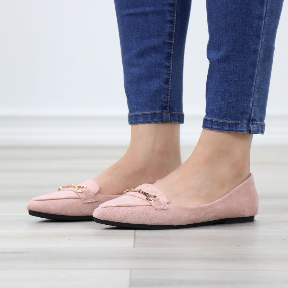 Pink Faux Suede Pointed Toe No Heel Flat Loafers Shoe Gold Accent Decor Slip On - Picture 14 of 14